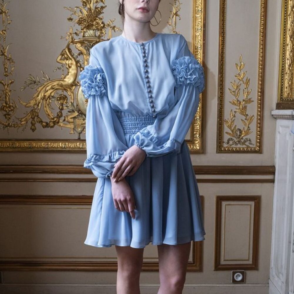 Elena Guranda Blue Ruffled Dress Semi Sheer Balloon Sleeve Sz Medium - Picture 4 of 14